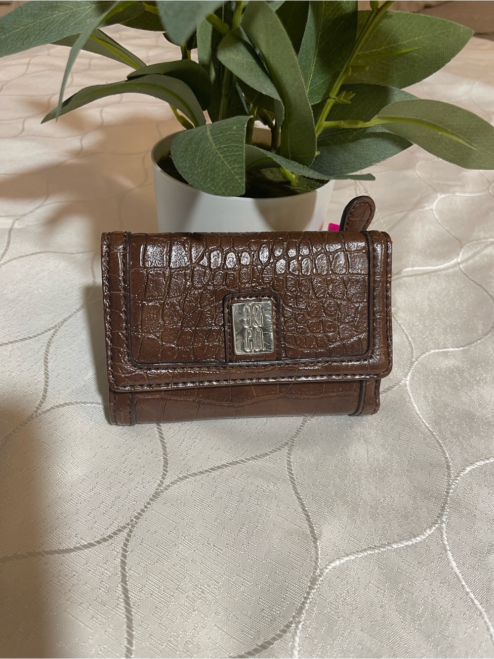 9 & Co Brown Croc-Embossed Leather Wallet with Metal Logo